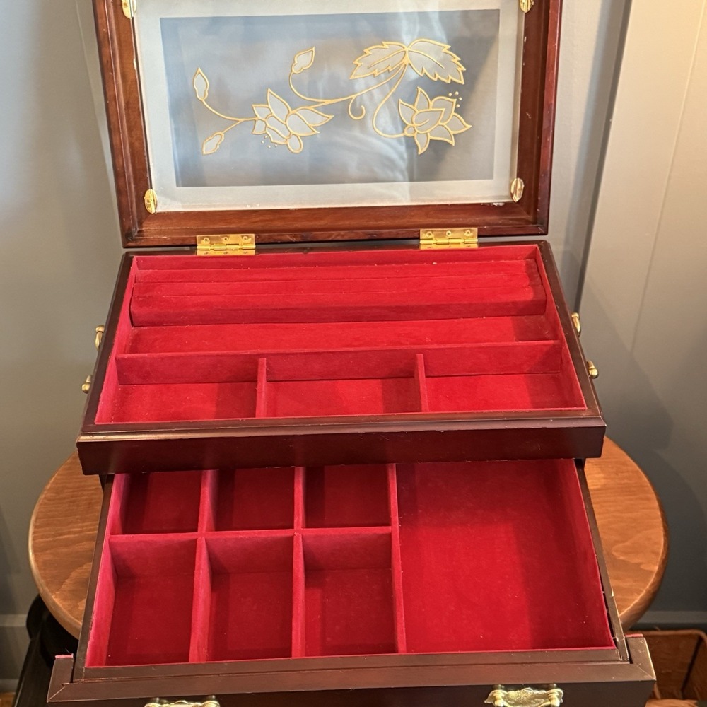Rosalco Commodore Jewelry Box Chest Wood Etched Floral Glass Top Velvet‎ Vintage - Picture 6 of 12